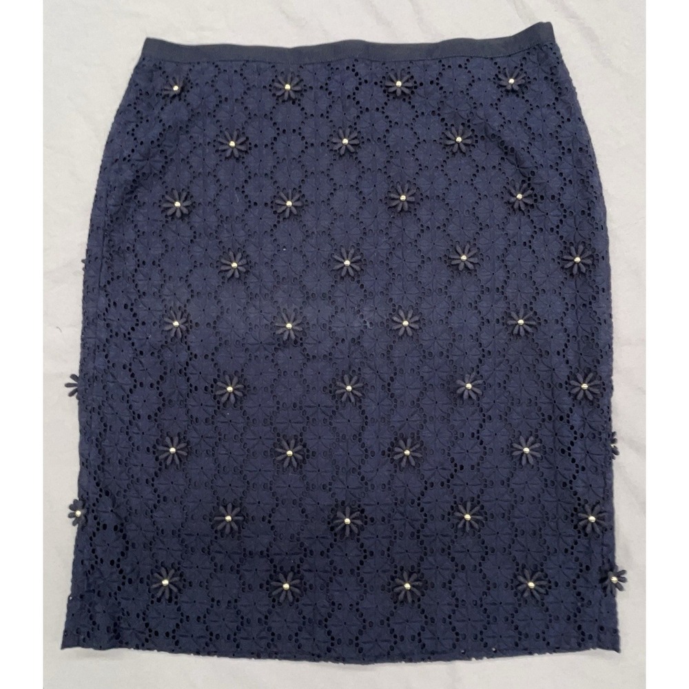 Talbots Skirt 4P Navy Blue Eyelet Cotton Gold Bead Daisy Preppy Coquette New
